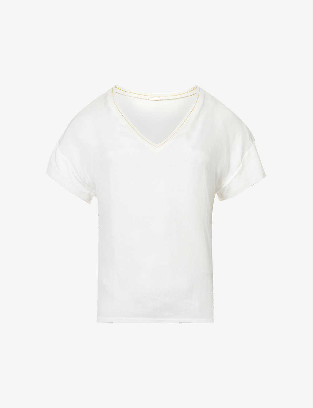 Ikks Womens Ecru Metallic Ribbed V-neck Woven T-shirt