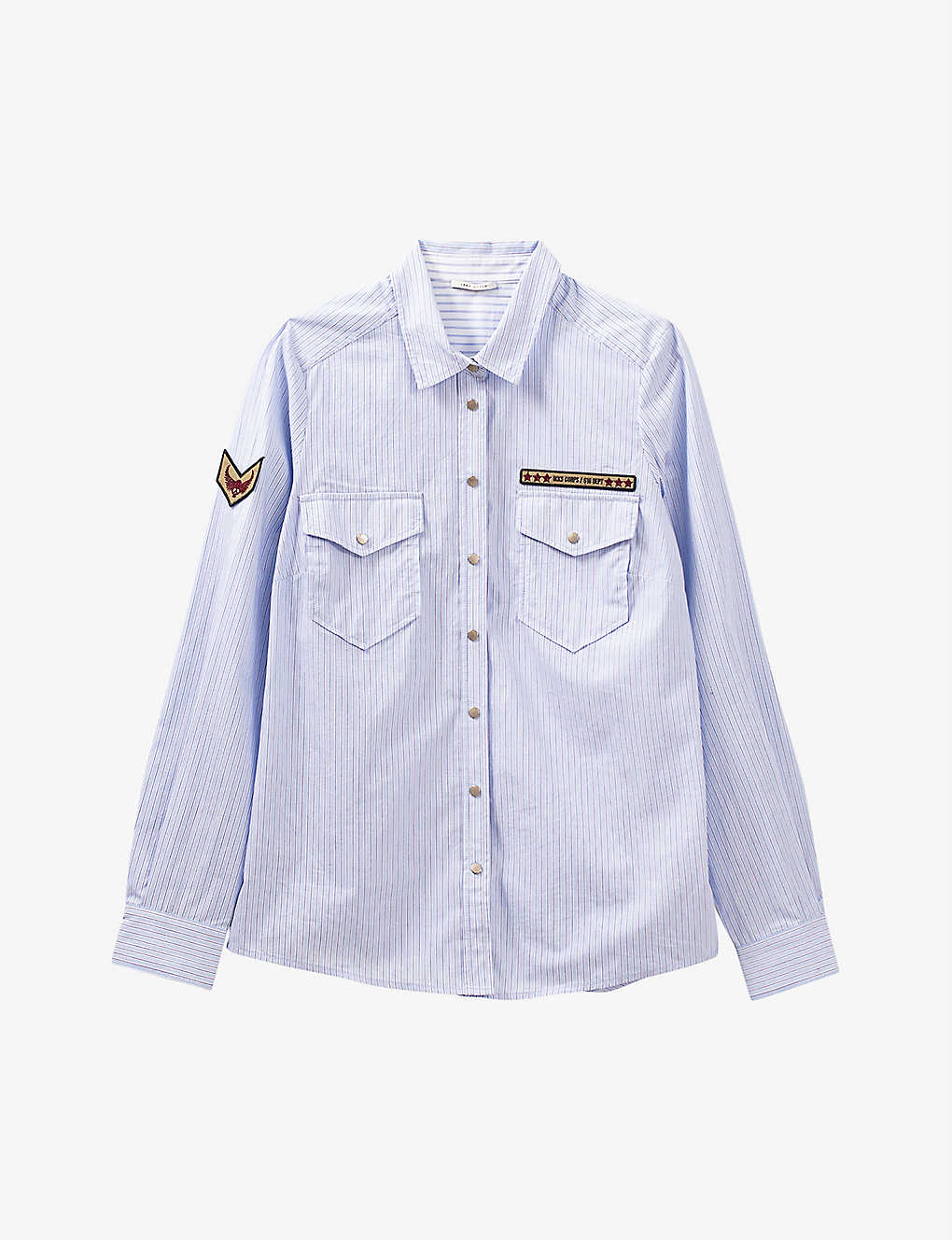 Ikks Military-badge Striped-cotton Shirt In Light Blue