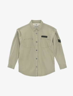 Ikks Army-badge Belted Cotton Shirt In Khaki Green