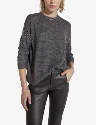 Shop Ikks Women's Black Crystal-embellished Knitted Jumper