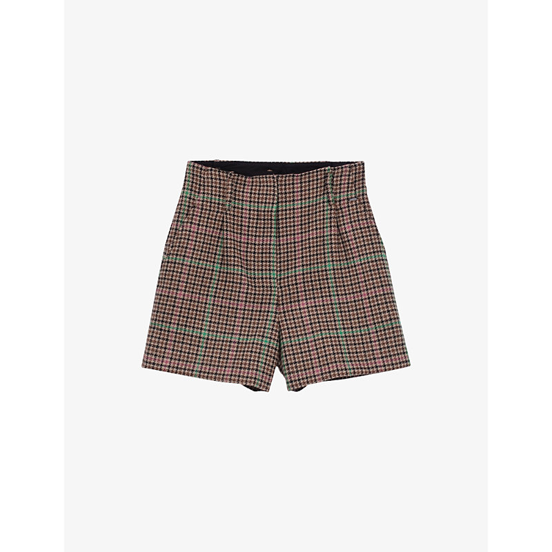 Ikks Checked High-rise Wool-blend Shorts In Brown