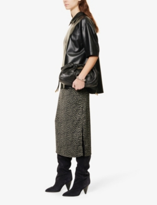 Shop Ikks Leopard-print Satin Midi Skirt In Black
