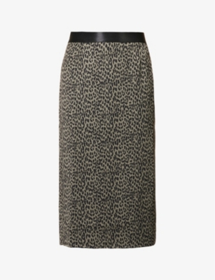 Ikks Womens Black Leopard-print Satin Midi Skirt
