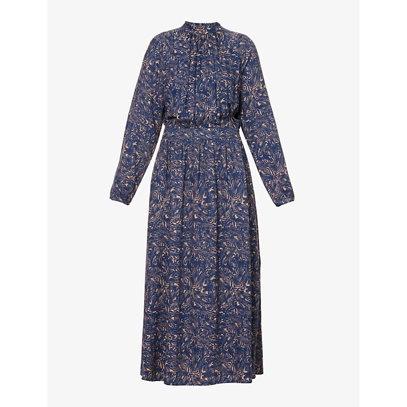 Ikks Womens Navy Blue Abstract Marble-print Woven Midi Dress
