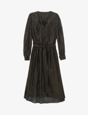 Ikks Womens Black Striped Silk-blend Midi Dress