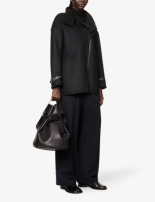 Shop Ikks Asymmetric-zip Faux-leather Detail Woven Coat In Black