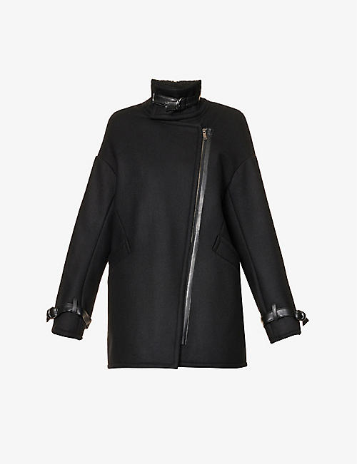 IKKS: Asymmetric-zip faux-leather detail woven coat