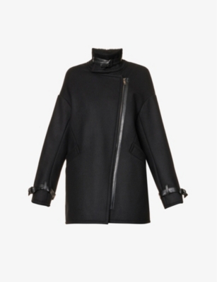 Ikks Womens Black Asymmetric-zip Faux-leather Detail Woven Coat