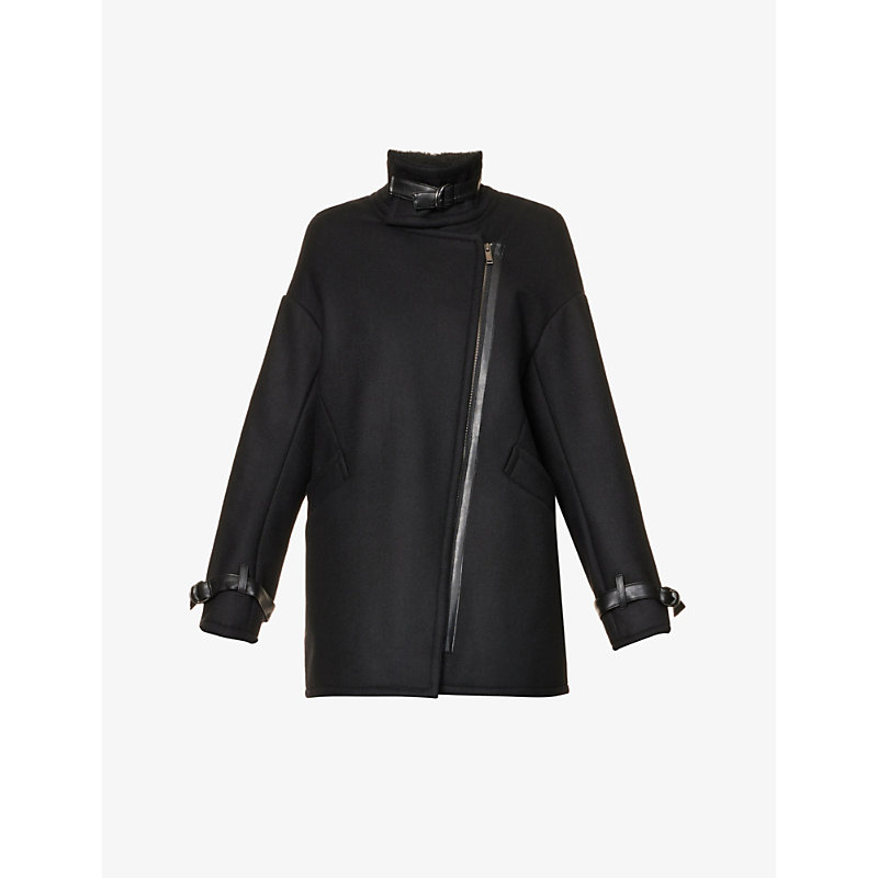 Ikks Womens Black Asymmetric-zip Faux-leather Detail Woven Coat