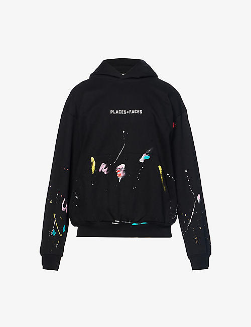 PLACES + FACES: Paint-splattered logo-print cotton-jersey hoody