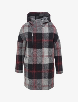 Ikks Checked Hooded Woven Coat In Charcoal Grey