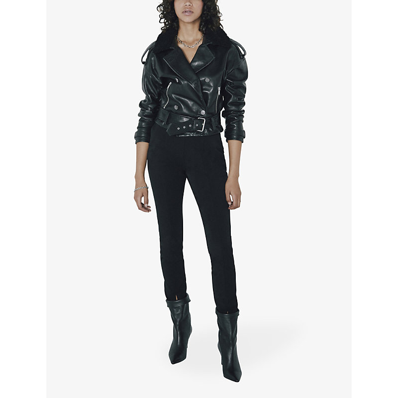 Shop Ikks Women's Black Contrast-collar Leather Jacket