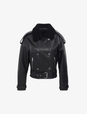 Ikks Contrast-collar Leather Jacket In Black