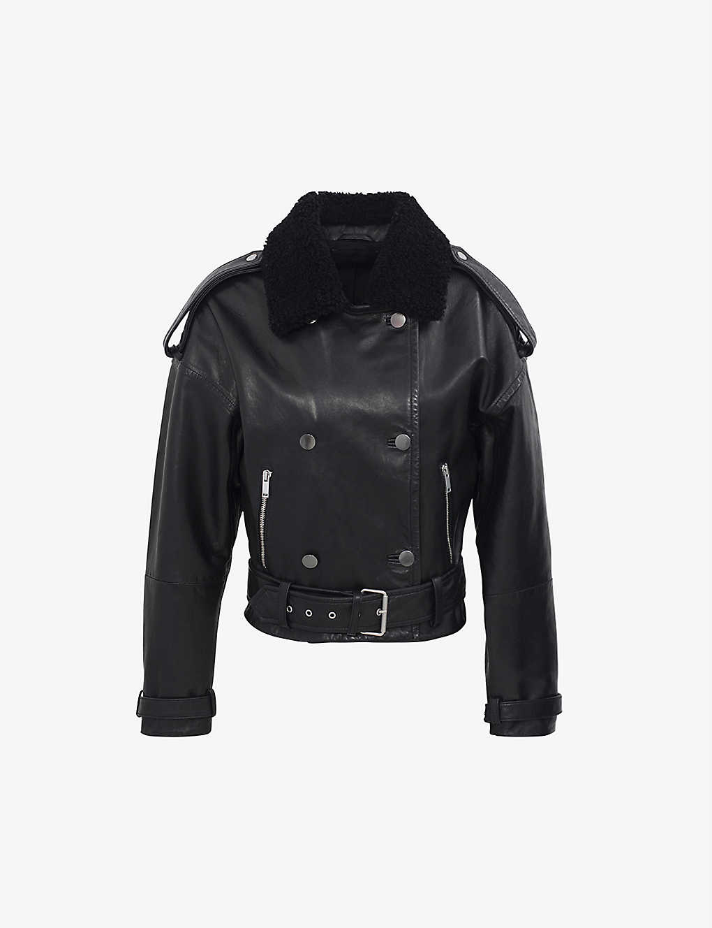 Ikks Contrast-collar Leather Jacket In Black