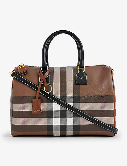 BURBERRY: Check-print medium faux-leather top-handle bowling bag