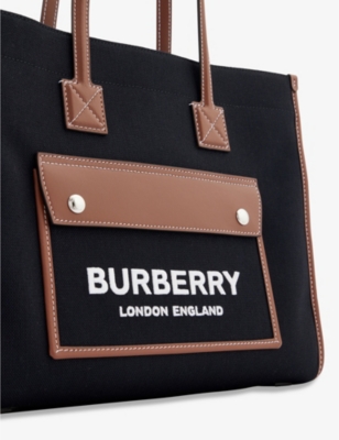 BURBERRY Freya small brand-embroidered canvas and leather tote bag