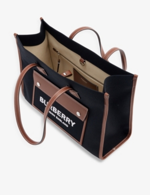 BURBERRY Freya small brand-embroidered canvas and leather tote bag