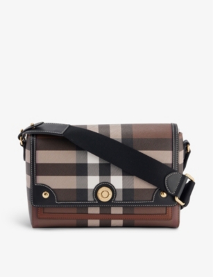 Burberry Womens Note Check-print Coated Cotton Shoulder Bag Dark Birch Brown In Dark Birch Brown