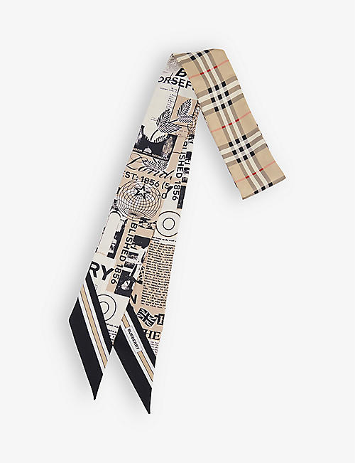 BURBERRY: Montage print-embellished skinny silk scarf