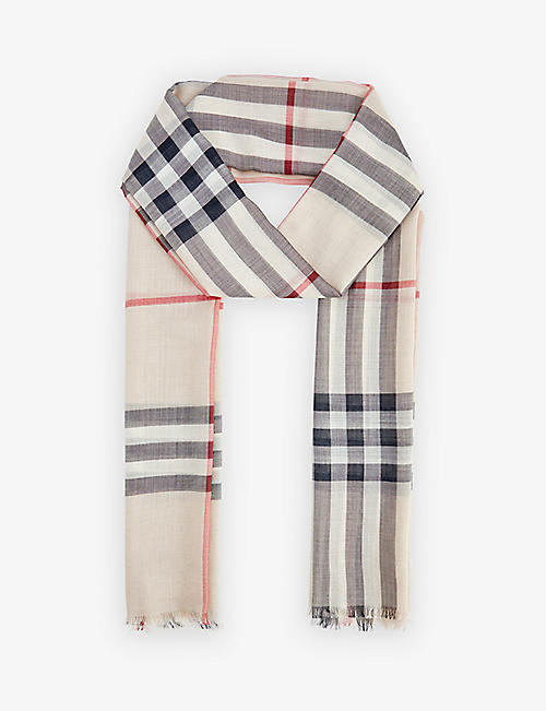 BURBERRY: Giant Check fringed-trim wool and silk-blend scarf