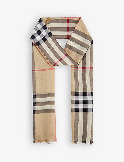 BURBERRY：大格纹羊毛和真丝混纺流苏围巾
