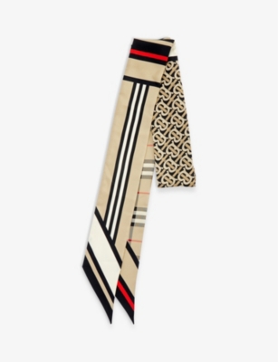 BURBERRY Silk twill check print skinny scarf Selfridges