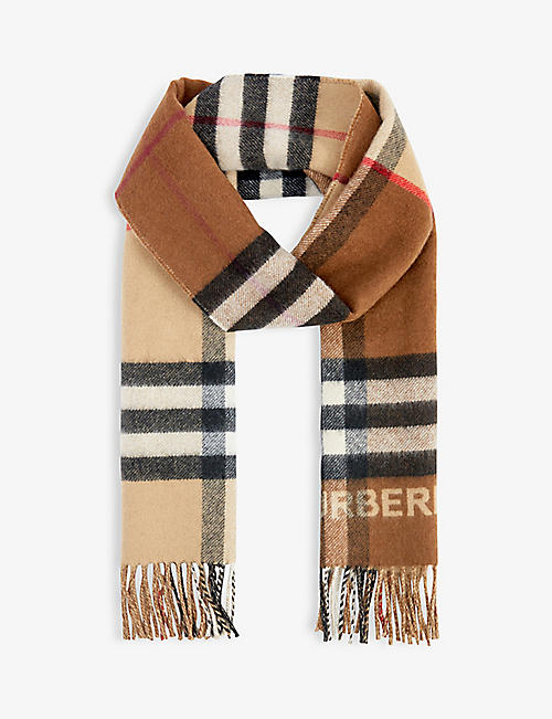 BURBERRY: Contrast check logo-embellished cashmere scarf