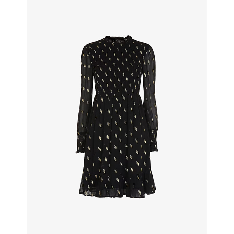 Whistles Womens Black Dobby Shirred Metallic-motif Embroidered Woven Mini Dress