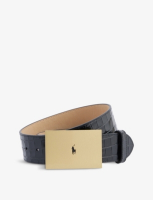 Ralph Lauren Black Leather Croc Belt with Gold Details - Size Large