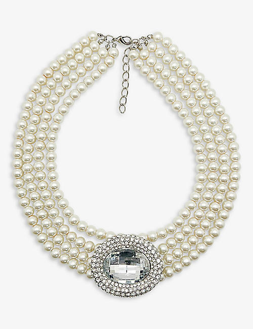 JENNIFER GIBSON JEWELRY: Pre-loved silver-plated metal, faux-pearl and crystal necklace