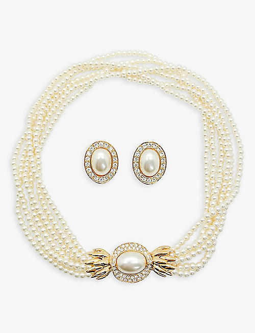 JENNIFER GIBSON JEWELLERY: 中古镀黄金、水晶和人造珍珠项链和夹式耳环套装
