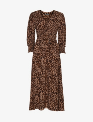 Whistles Jungle Cheetah Shirred Midi Dress In Leopard Print