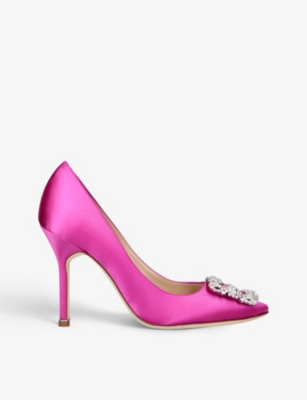 Shop Manolo Blahnik Women's Fuchsia Hangisi Crystal-embellished Satin Heeled Courts In Pink
