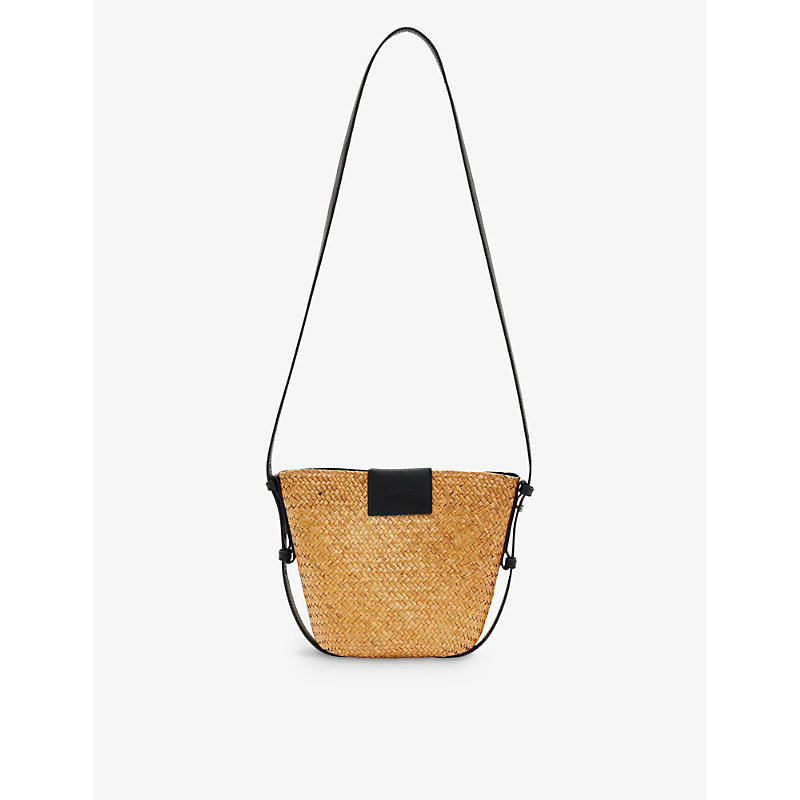 Allsaints Womens Natural Ebro Logo-patch Straw And Leather Crossbody Bag