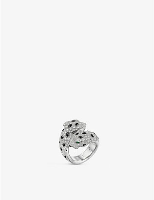 CARTIER: Panthère de Cartier 18ct white-gold, 1.82ct brilliant-cut diamond, 0.08ct emerald and 0.04ct onyx ring