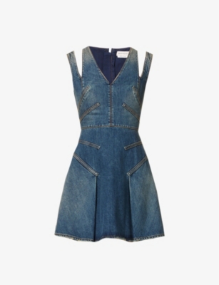ALEXANDER MCQUEEN: Cut-out distressed denim mini dress