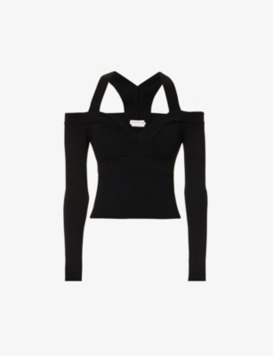 ALEXANDER MCQUEEN ALEXANDER MCQUEEN WOMEN'S BLACK CUT-OUT SWEETHEART-NECK KNITTED TOP,61845221