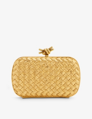 Bottega Veneta Knot Pleated Leather Clutch Bag Bone-M Brass