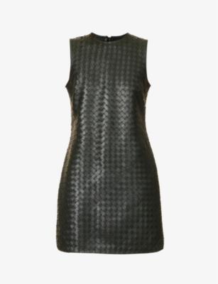 BOTTEGA VENETA BOTTEGA VENETA WOMEN'S DARK GREEN INTRECCIATO SCOOP-NECK LEATHER MINI DRESS,61847454