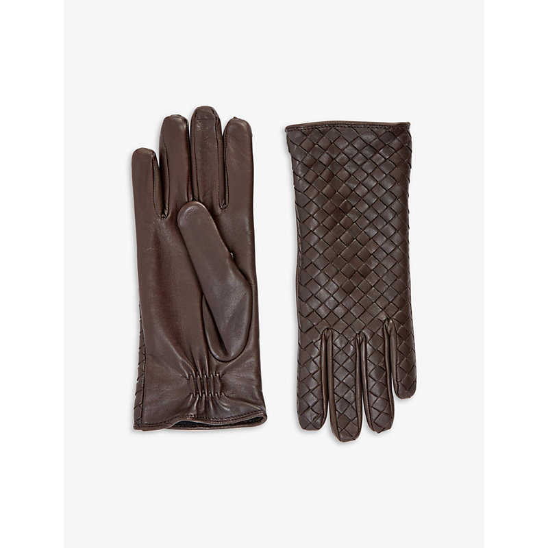 Bottega Veneta Womens Cocoa Intrecciato Woven-pattern Leather Gloves