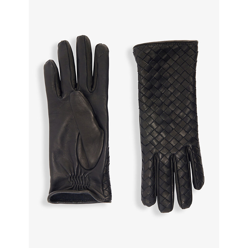 Bottega Veneta Womens Nero Intrecciato Woven-pattern Leather Gloves