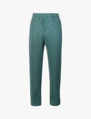 ISSEY MIYAKE HOMME PLISSE ISSEY MIYAKE MEN'S GREEN ZIPPER CHAIN PLEATED STRAIGHT-LEG MID-RISE WOVEN TROUSERS,61882707