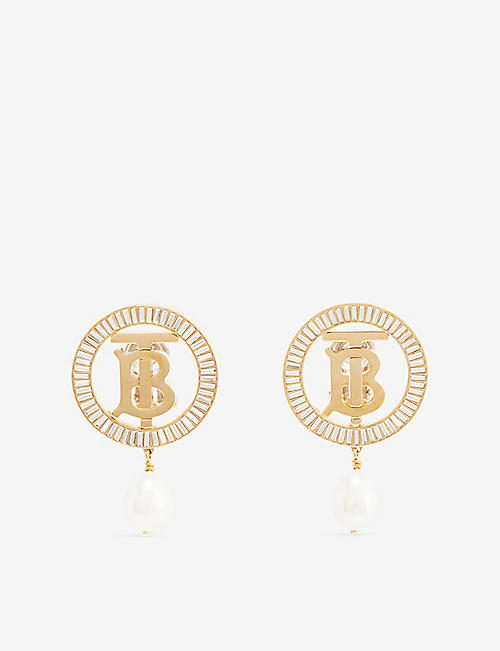 BURBERRY: Monogram-embellished 18ct yellow gold-plated brass and freshwater pearl earrings