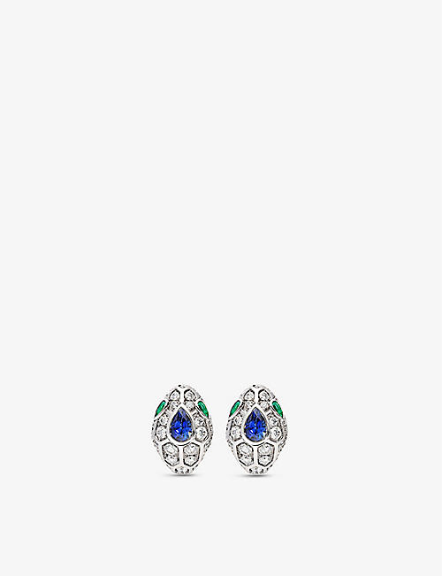 BVLGARI: Serpenti 18ct white gold, 1.67ct brilliant-cut diamond, sapphire and emerald earrings