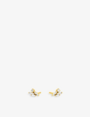 Shop Suzanne Kalan Eva 18ct Yellow-gold, 0.08ct Baguette Diamond And 0.05ct Round Diamond Stud Earrings In 18k Yellow Gold