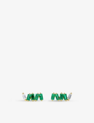 Suzanne Kalan Diamond Bar 18ct Yellow-gold, 0,42ct Emerald And 0,10ct Diamond Stud Earrings In 18k Yellow Gold