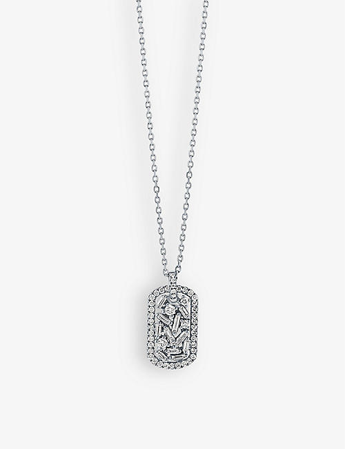 SUZANNE KALAN: Mini Dog Tag 18ct white-gold and 0.25ct brilliant-cut diamond 0.19ct baguette diamond necklace