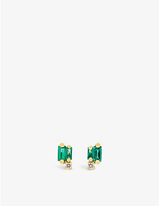 SUZANNE KALAN: Fireworks 18ct yellow gold, 0.04ct brilliant-cut diamond and 0.30ct baguette-cut emerald stud earrings