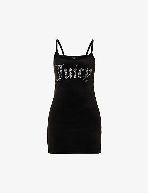 JUICY COUTURE: Rae brand-embellished velour mini dress