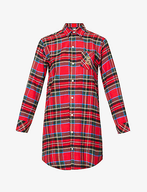 LAUREN RALPH LAUREN: Embroidered-branding tartan cotton-blend pyjama shirt